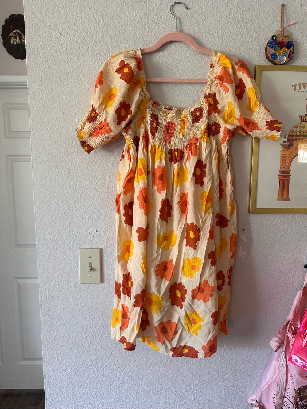 Wild Pony M Ruched Floral Babydoll Dress Orange Yellow White